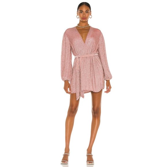 Retrofete Gabrielle Sequin Robe Wrap Mini Dress Sz XS Dusty Rose Blouson Sleeves - Picture 2 of 15
